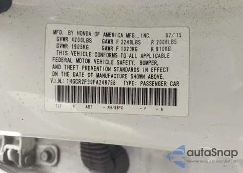 2015 Honda Accord Lx из США, поврежденный, VIN 1HGCR2F39FA248798